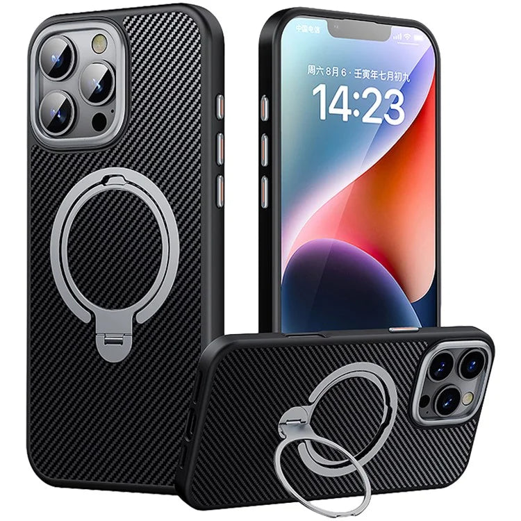 For iPhone 16 Pro Max Magnetic Case Carbon Fiber Texture PC+TPU Phone Cover Rotatable Kickstand