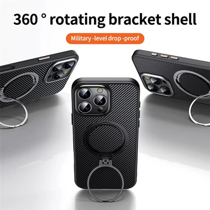 For iPhone 16 Pro Max Magnetic Case Carbon Fiber Texture PC+TPU Phone Cover Rotatable Kickstand