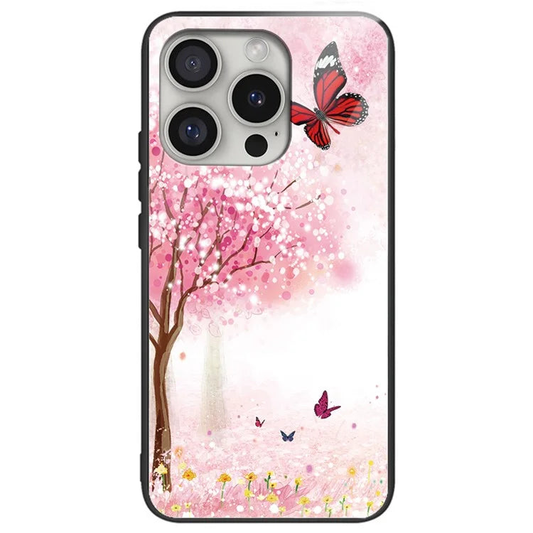 For iPhone 16 Pro Cases Pattern Printed Anti-Drop Tempered Glass+TPU Phone Cover
