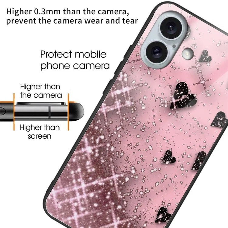 For iPhone 16 Plus Cases Pattern Printed Shockproof TPU Phone Cover Tempered Glass Back