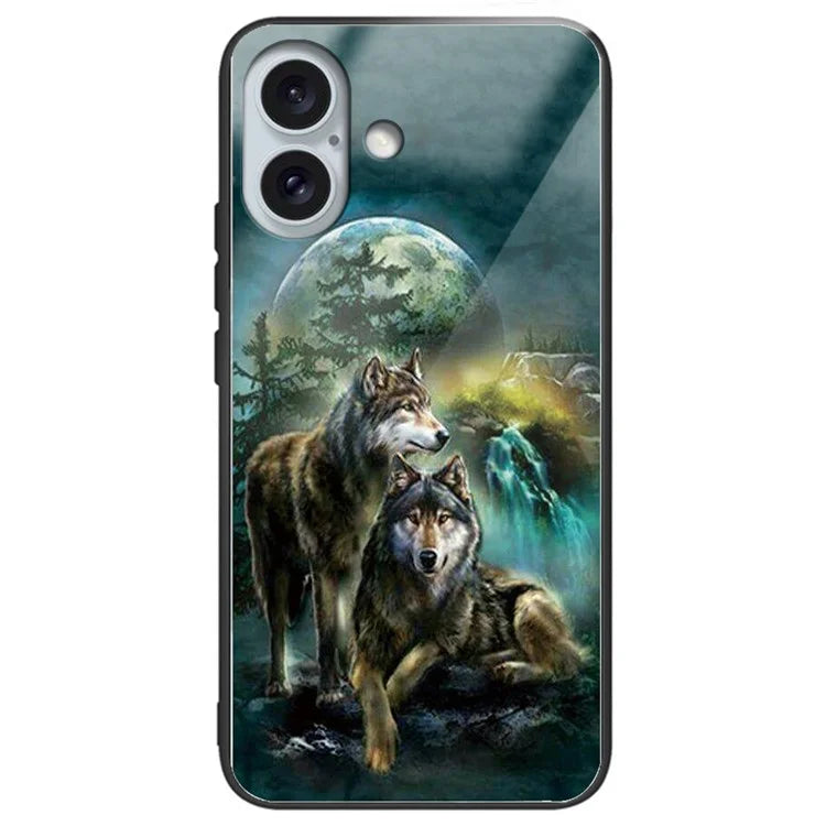 For iPhone 16 Plus Cases Pattern Printed Shockproof TPU Phone Cover Tempered Glass Back