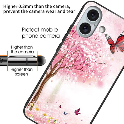 For iPhone 16 Plus Cases Pattern Printed Shockproof TPU Phone Cover Tempered Glass Back