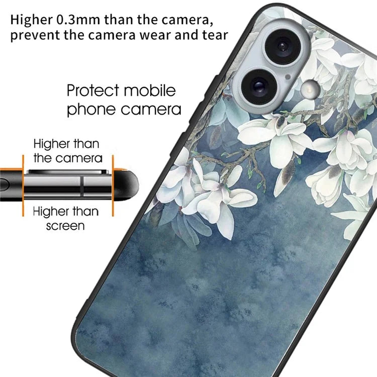 For iPhone 16 Plus Cases Pattern Printed Shockproof TPU Phone Cover Tempered Glass Back