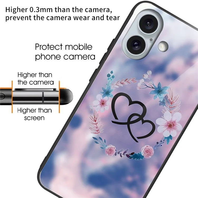 For iPhone 16 Cases Shockproof Tempered Glass+TPU Phone Cover Pattern Printed