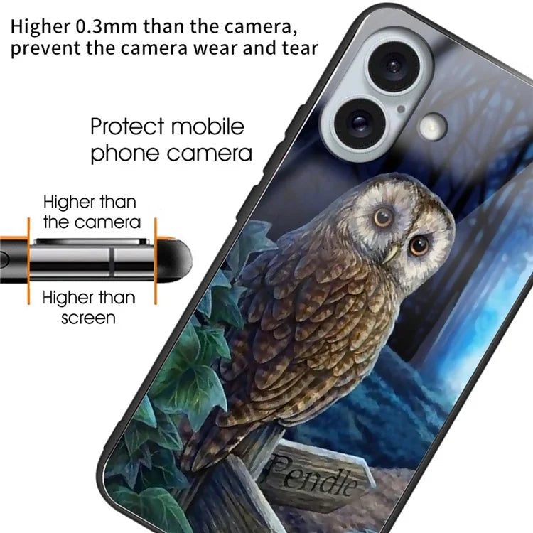 For iPhone 16 Cases Pattern Printed Tempered Glass+TPU Drop-Proof Phone Cover