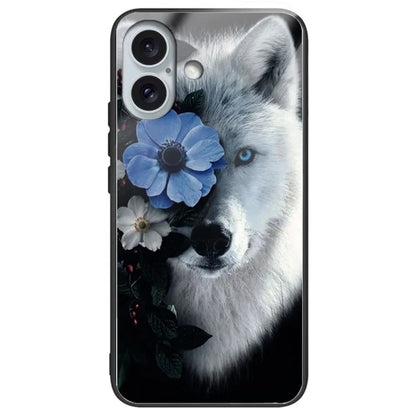 For iPhone 16 Cases Pattern Printed Tempered Glass+TPU Drop-Proof Phone Cover