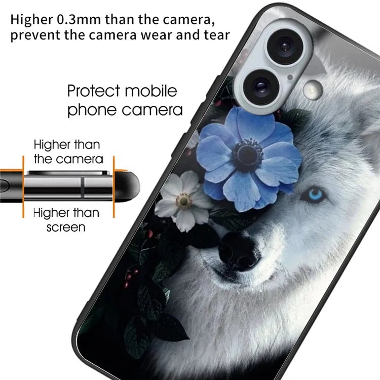 For iPhone 16 Cases Pattern Printed Tempered Glass+TPU Drop-Proof Phone Cover