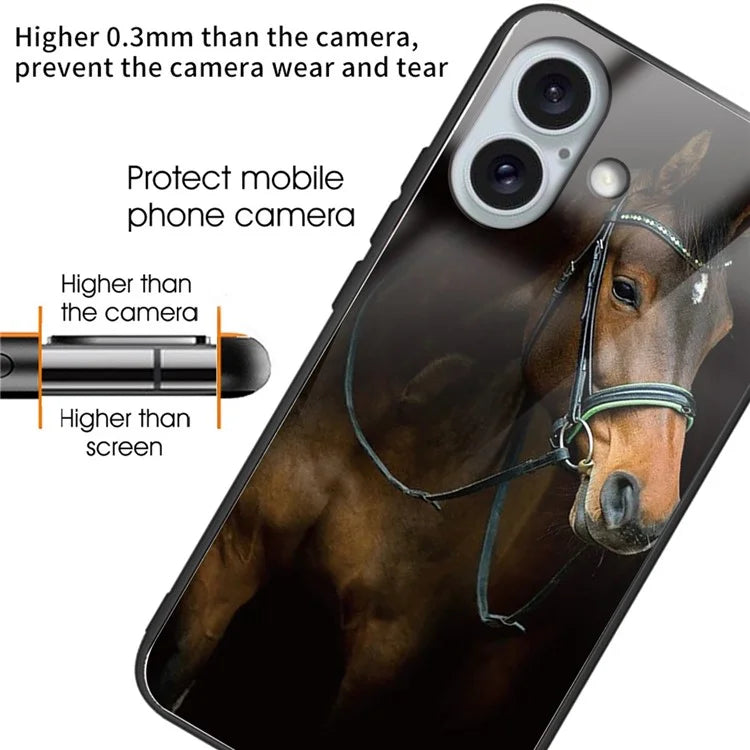 For iPhone 16 Cases Pattern Printed Tempered Glass+TPU Drop-Proof Phone Cover