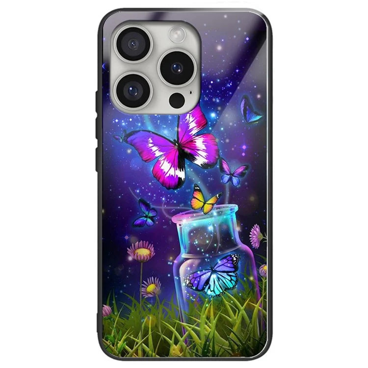 For iPhone 16 Pro Case Pattern Printing Tempered Glass Back TPU Phone Cover