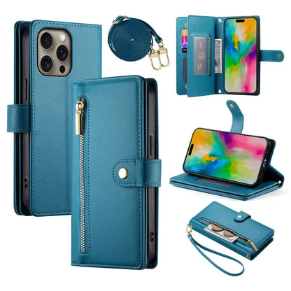 DF-011 For iPhone 16 Pro Max Wallet Case Card Slots Leather Phone Cover with Long / Short Straps