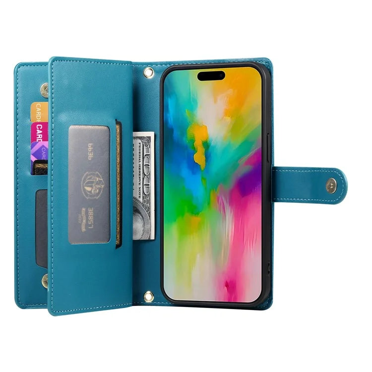 DF-011 For iPhone 16 Pro Max Wallet Case Card Slots Leather Phone Cover with Long / Short Straps