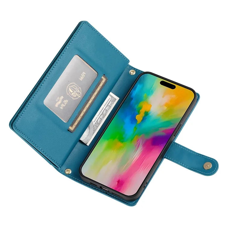 DF-011 For iPhone 16 Pro Max Wallet Case Card Slots Leather Phone Cover with Long / Short Straps