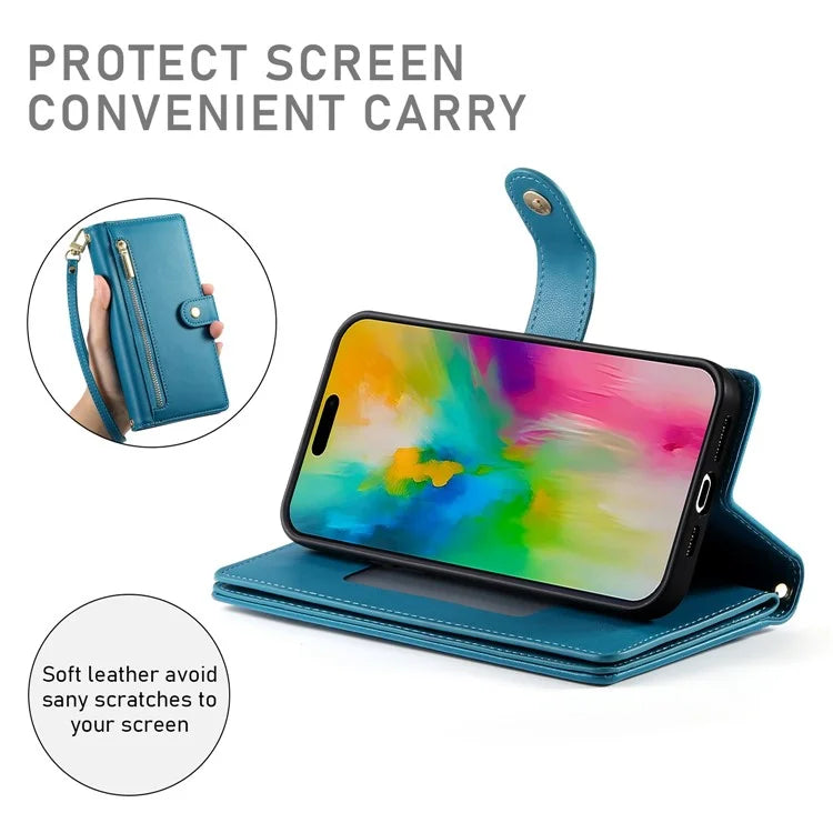 DF-011 For iPhone 16 Pro Max Wallet Case Card Slots Leather Phone Cover with Long / Short Straps