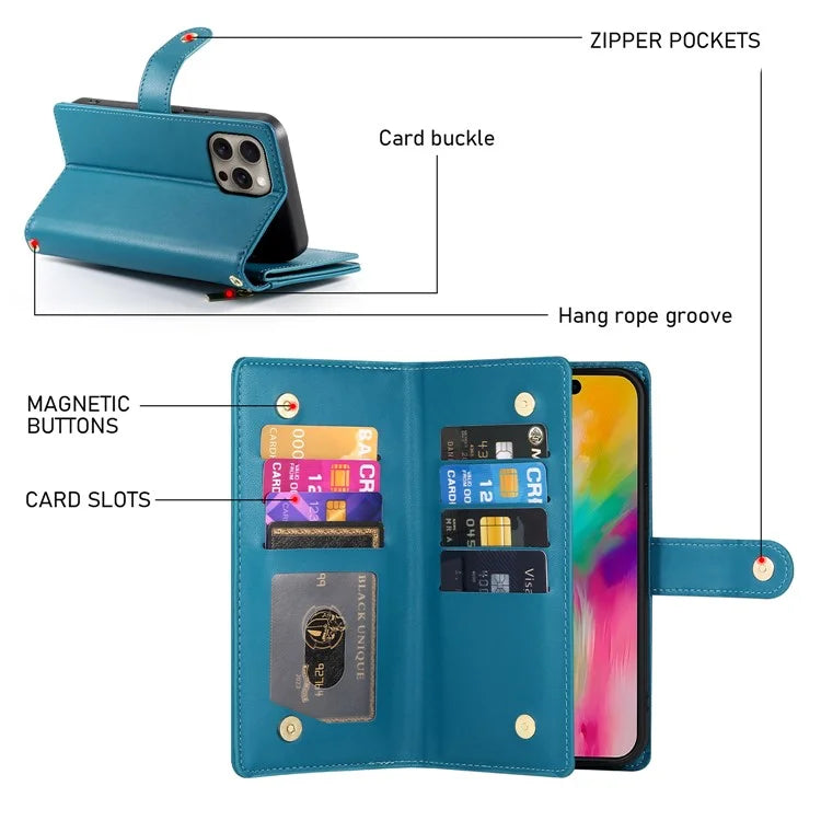 DF-011 For iPhone 16 Pro Max Wallet Case Card Slots Leather Phone Cover with Long / Short Straps