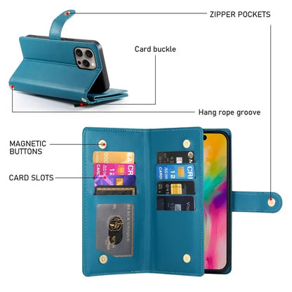 DF-011 For iPhone 16 Pro Max Wallet Case Card Slots Leather Phone Cover with Long / Short Straps