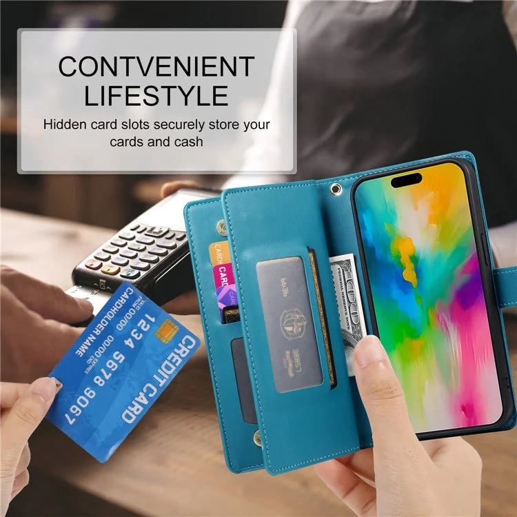 DF-011 For iPhone 16 Pro Max Wallet Case Card Slots Leather Phone Cover with Long / Short Straps
