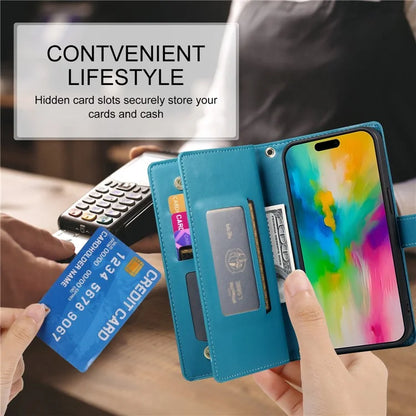 DF-011 For iPhone 16 Pro Max Wallet Case Card Slots Leather Phone Cover with Long / Short Straps