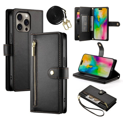 DF-011 For iPhone 16 Pro Max Wallet Case Card Slots Leather Phone Cover with Long / Short Straps