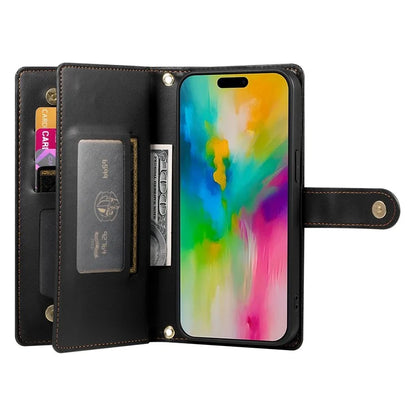 DF-011 For iPhone 16 Pro Max Wallet Case Card Slots Leather Phone Cover with Long / Short Straps