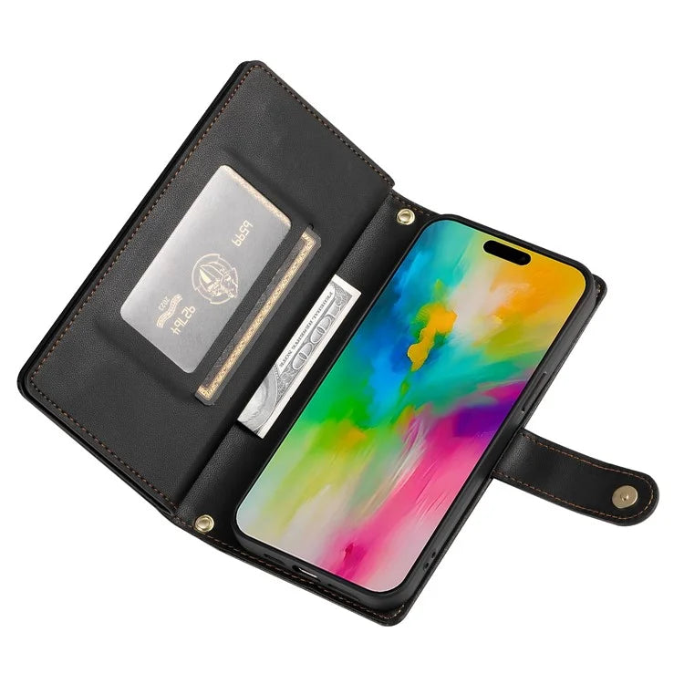 DF-011 For iPhone 16 Pro Max Wallet Case Card Slots Leather Phone Cover with Long / Short Straps