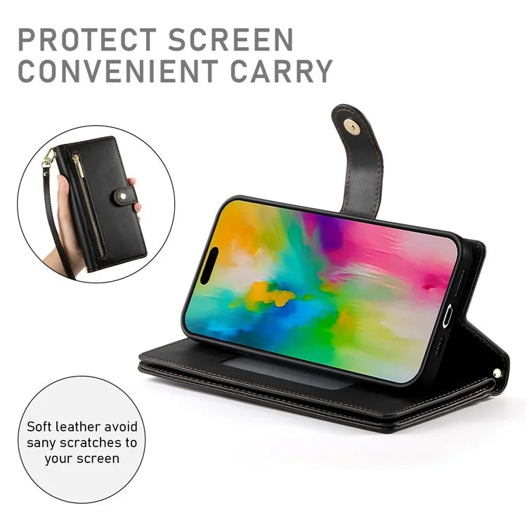 DF-011 For iPhone 16 Pro Max Wallet Case Card Slots Leather Phone Cover with Long / Short Straps