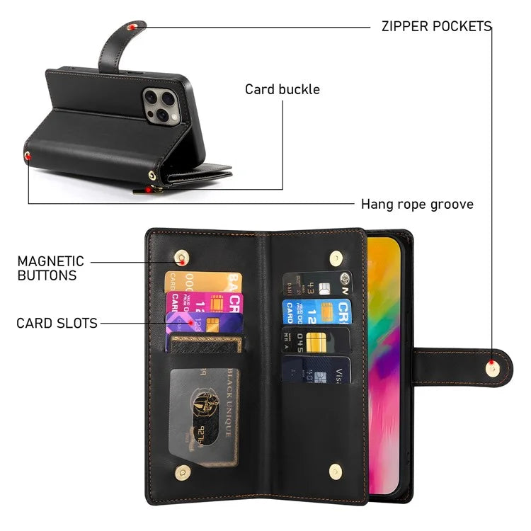 DF-011 For iPhone 16 Pro Max Wallet Case Card Slots Leather Phone Cover with Long / Short Straps