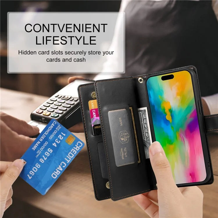 DF-011 For iPhone 16 Pro Max Wallet Case Card Slots Leather Phone Cover with Long / Short Straps
