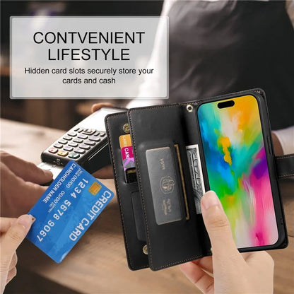 DF-011 For iPhone 16 Pro Max Wallet Case Card Slots Leather Phone Cover with Long / Short Straps