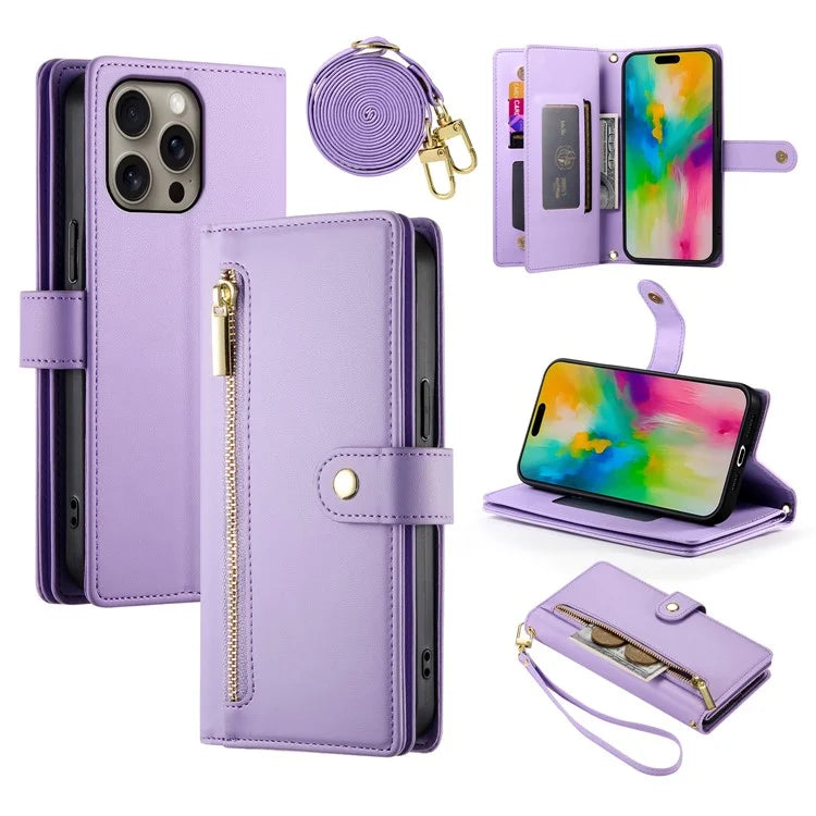 DF-011 For iPhone 16 Pro Max Wallet Case Card Slots Leather Phone Cover with Long / Short Straps