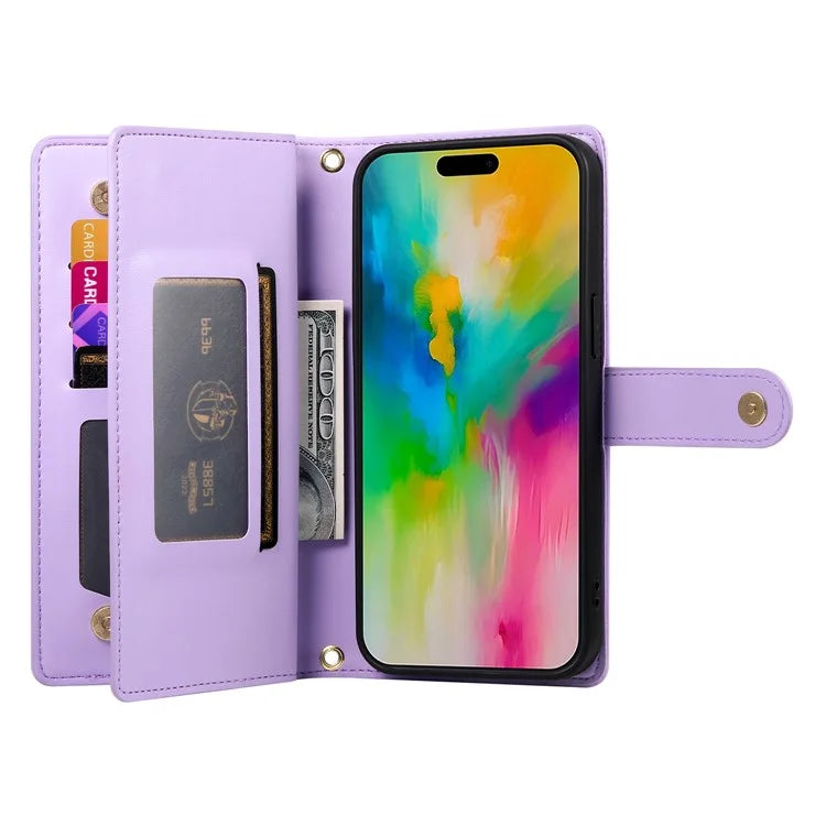 DF-011 For iPhone 16 Pro Max Wallet Case Card Slots Leather Phone Cover with Long / Short Straps