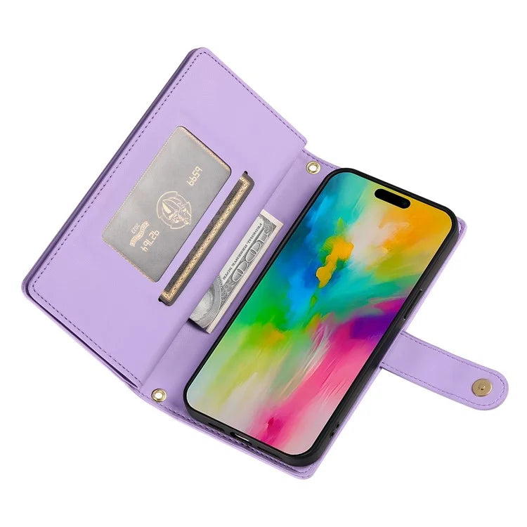 DF-011 For iPhone 16 Pro Max Wallet Case Card Slots Leather Phone Cover with Long / Short Straps