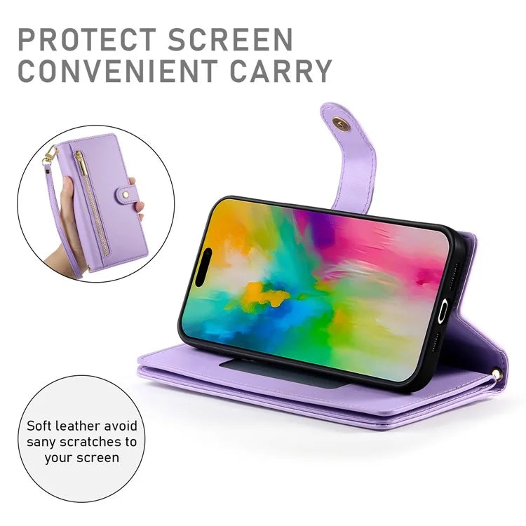 DF-011 For iPhone 16 Pro Max Wallet Case Card Slots Leather Phone Cover with Long / Short Straps