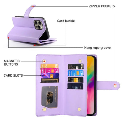 DF-011 For iPhone 16 Pro Max Wallet Case Card Slots Leather Phone Cover with Long / Short Straps