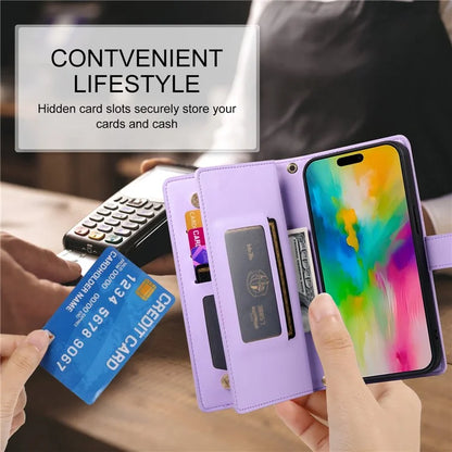 DF-011 For iPhone 16 Pro Max Wallet Case Card Slots Leather Phone Cover with Long / Short Straps