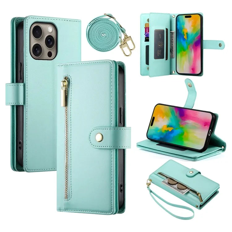 DF-011 For iPhone 16 Pro Max Wallet Case Card Slots Leather Phone Cover with Long / Short Straps