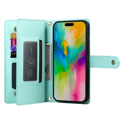 DF-011 For iPhone 16 Pro Max Wallet Case Card Slots Leather Phone Cover with Long / Short Straps