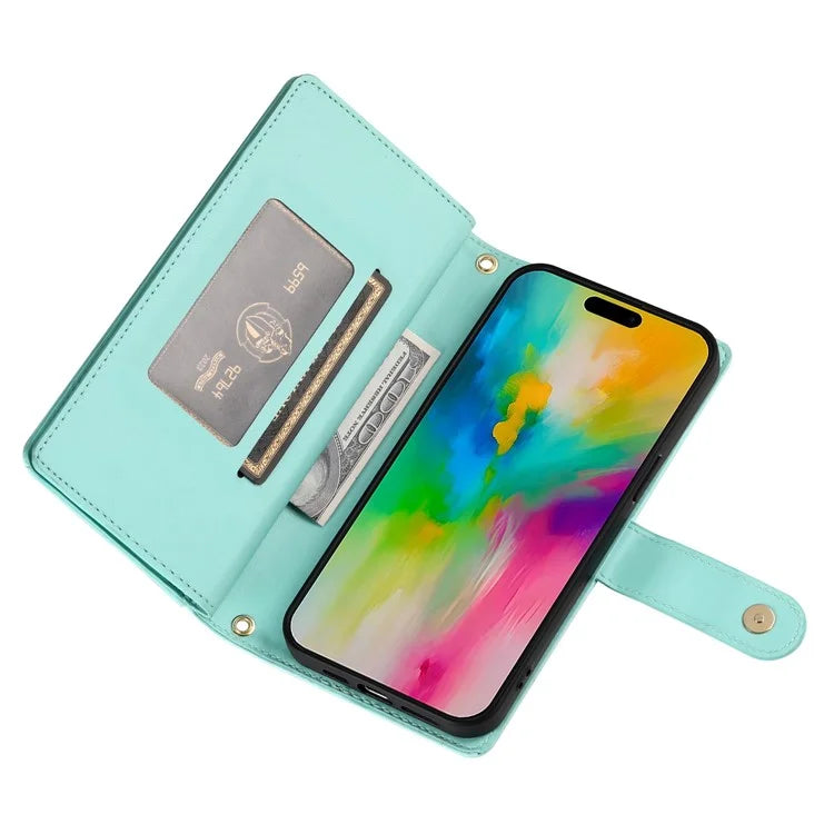 DF-011 For iPhone 16 Pro Max Wallet Case Card Slots Leather Phone Cover with Long / Short Straps