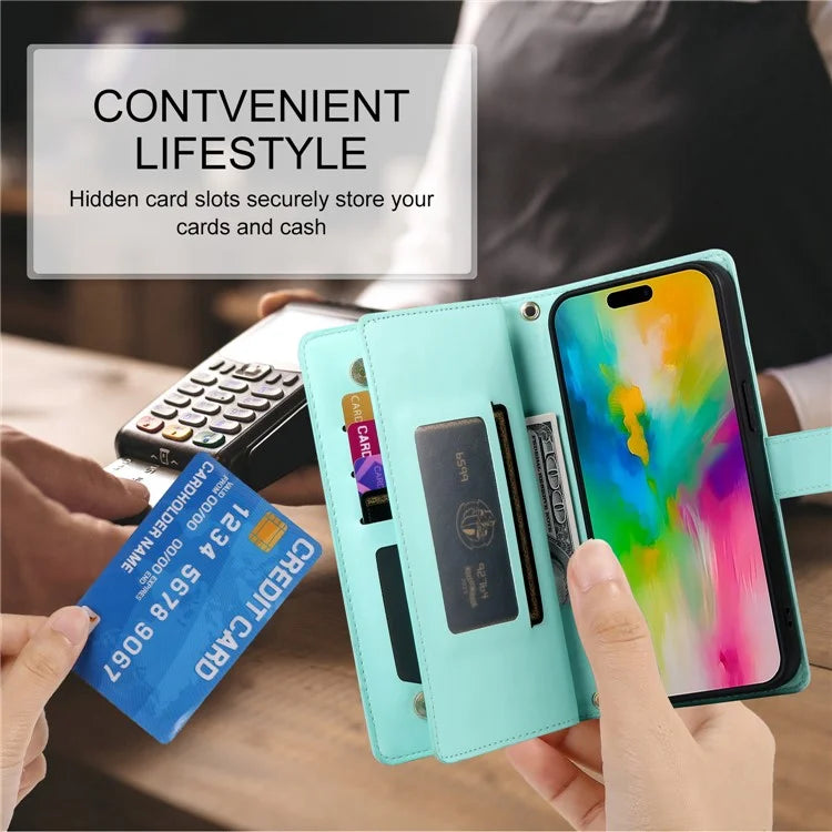 DF-011 For iPhone 16 Pro Max Wallet Case Card Slots Leather Phone Cover with Long / Short Straps