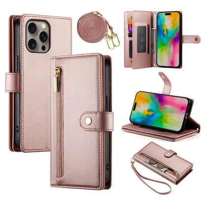 DF-011 For iPhone 16 Pro Max Wallet Case Card Slots Leather Phone Cover with Long / Short Straps
