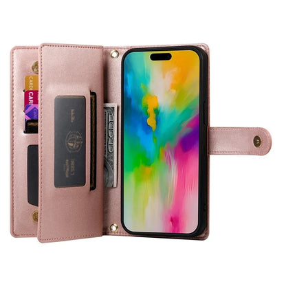 DF-011 For iPhone 16 Pro Max Wallet Case Card Slots Leather Phone Cover with Long / Short Straps