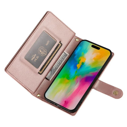 DF-011 For iPhone 16 Pro Max Wallet Case Card Slots Leather Phone Cover with Long / Short Straps