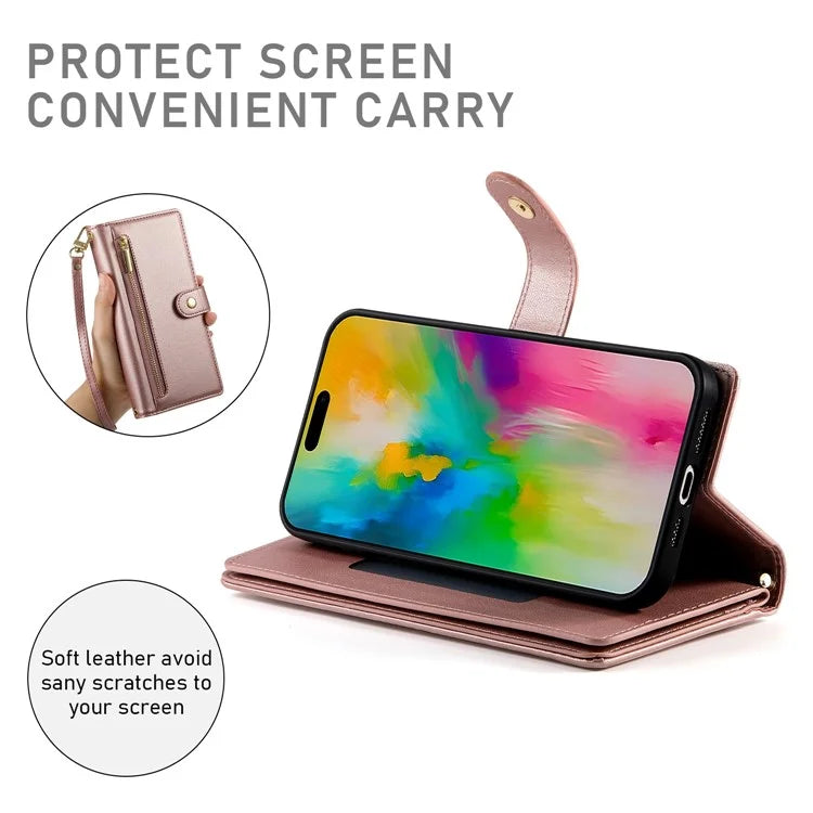 DF-011 For iPhone 16 Pro Max Wallet Case Card Slots Leather Phone Cover with Long / Short Straps