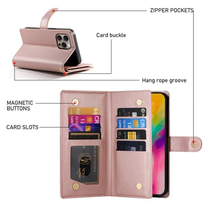 DF-011 For iPhone 16 Pro Max Wallet Case Card Slots Leather Phone Cover with Long / Short Straps