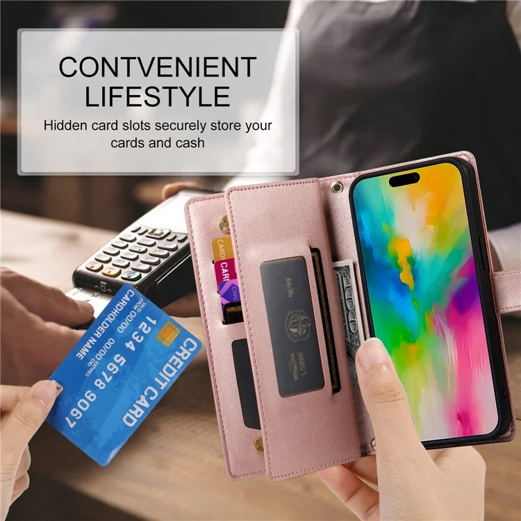 DF-011 For iPhone 16 Pro Max Wallet Case Card Slots Leather Phone Cover with Long / Short Straps