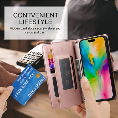 DF-011 For iPhone 16 Pro Max Wallet Case Card Slots Leather Phone Cover with Long / Short Straps
