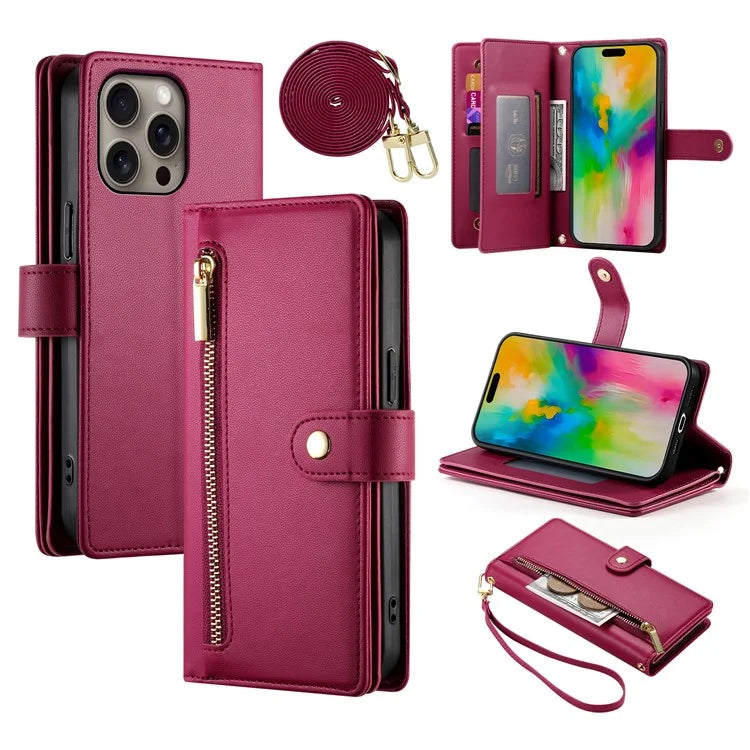 DF-011 For iPhone 16 Pro Max Wallet Case Card Slots Leather Phone Cover with Long / Short Straps