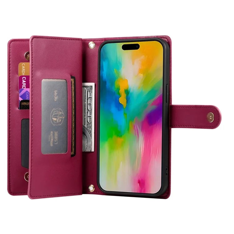DF-011 For iPhone 16 Pro Max Wallet Case Card Slots Leather Phone Cover with Long / Short Straps