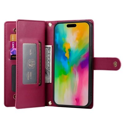 DF-011 For iPhone 16 Pro Max Wallet Case Card Slots Leather Phone Cover with Long / Short Straps