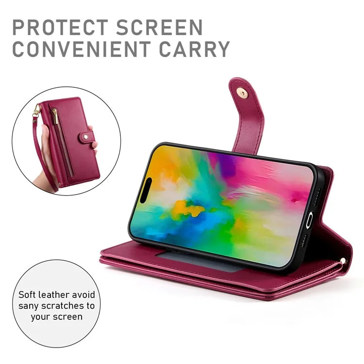 DF-011 For iPhone 16 Pro Max Wallet Case Card Slots Leather Phone Cover with Long / Short Straps