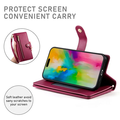 DF-011 For iPhone 16 Pro Max Wallet Case Card Slots Leather Phone Cover with Long / Short Straps